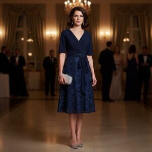 Alex Evenings Tea Length Jersey & Rosette Lace Women’s Dress Navy 8P NWT $219